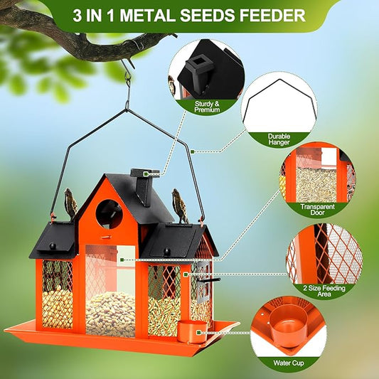 Solar Bird Feeders House for Outdoors Hanging, 7LBS Large Capacity Metal Wild Bird Feeder Squirrel Proof for Outside with Water Cup, Cardinal Birdfeeder Birdhouses Gift for Bird Lovers (Orange)