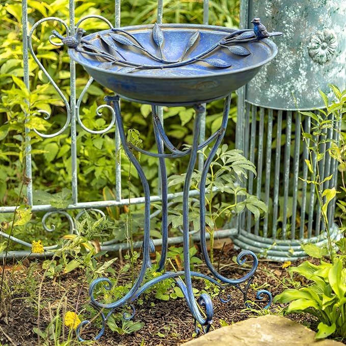Zaer Ltd. Deep Well Made Metal Birdbath with 2 Cast Iron Birds and Leaf Decoration (Frosted Blue)