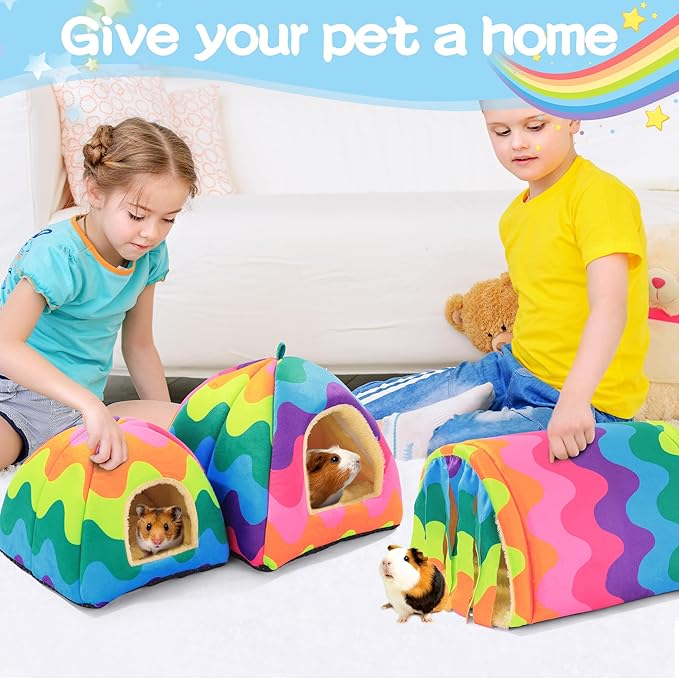 MABOZOO 3 Pack Guinea Pig House Accessories, Washable 2 Guinea Pig House and Hideout Tunnel with Curtains, Chinchilla Hideout for Hamster, Rabbit, Bunny, Chinchillas (Colorful)