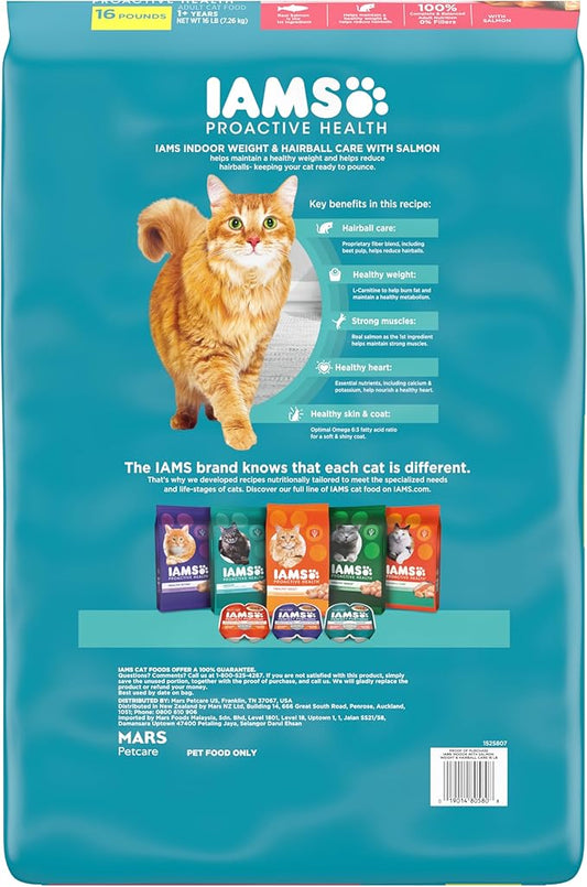 IAMS Proactive Health Indoor Weight Control & Hairball Care Adult Dry Cat Food, Salmon Recipe, 16 lb. Bag