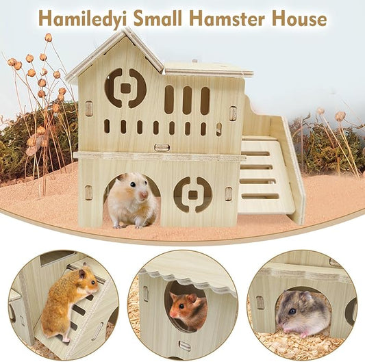 Hamiledyi Wooden Hamster Hideout Maze Small Animal Activity Toy Hamster House and Habitat Wooden Hut with Ladder for Dwarf Hamsters Small Gerbils Tiny Mice and Other Similar Sized Animals