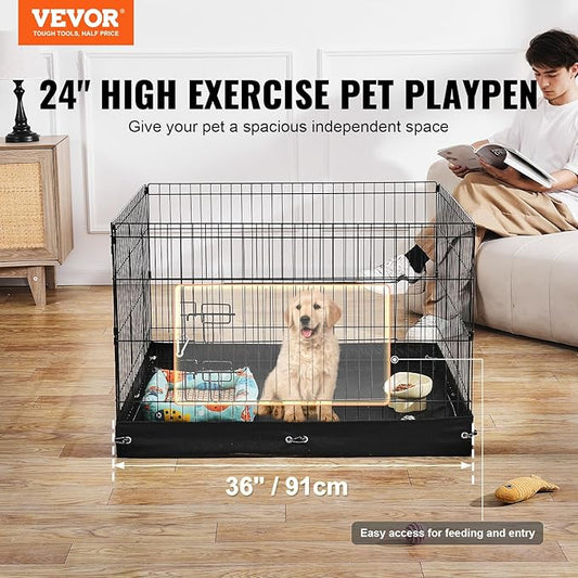 VEVOR Dog Playpen, 4 Pcs 24 x 36 in Panels Foldable Metal Pet Exercise Pen, Dog Fence Indoor and Outdoor Pen with Door and 600D Oxford Fabric Bottom Pad, for Dogs, Cats and Other Small Animals