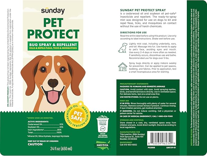 Sunday Pet Protect Flea, Tick, & Mosquito Spray – Natural, Effective Bug Spray for Dogs – Kills, Controls, Prevents Biting Pests with Cedarwood & Soybean Oil – 24 oz