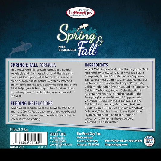 The Pond Guy Spring & Fall Wheat Germ Fish Food for Koi & Goldfish, Premium Cold Weather Floating Pellets, Healthy Formula for Winter Nutrition, 12 lbs