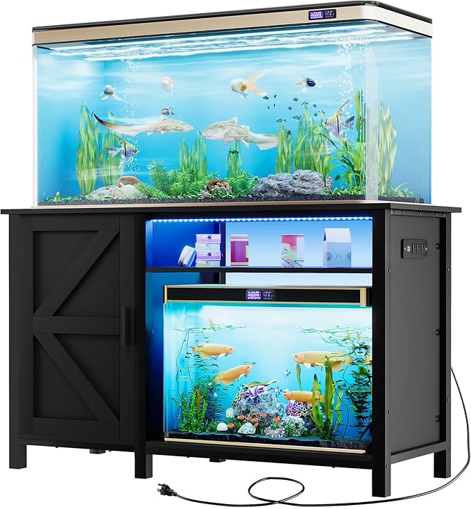 YITAHOME Aquarium Stand with Power Outlets, 55-75 Gallon Fish Tank Stand, Cabinet with RGB Light Strip Suitable for Turtle Tank, Reptile Terrarium, 900LBS Capacity, Black