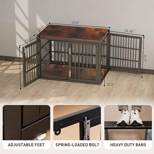 Heavy Duty Dog Crate Furniture for Large and Medium Dogs, Dog Kennel Indoor Furniture, Indestructible Metal Crate with Double-Doors, Dog Crate End Table, Chew-Resistant, 40 Inch Black