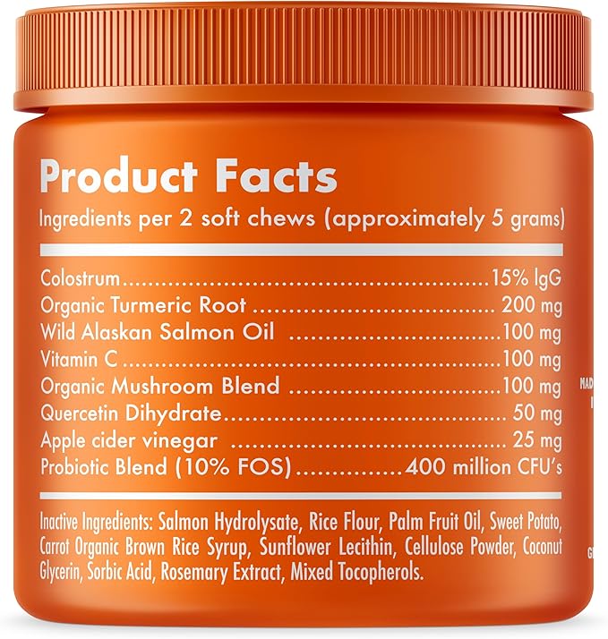 Allergy Relief Chews for Dogs & Immune & Digestive Supplement with Wild Salmon Oil Kelp Colostrum Turmeric Probiotics & Bee Pollen for Seasonal Allergies Anti Itch, Skin Hot Spots 120 Soft Treats
