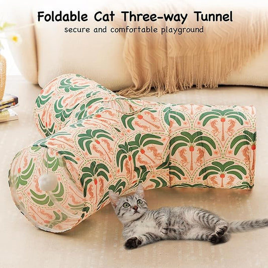 Tempcore Pet Cat Tunnel Tube Cat Toys 3 Way Collapsible, Cat Tunnels for Indoor Cats,Kitty Tunnel Bored Pet Toys Peek Hole Toy Ball Puppy, Kitty, Kitten, Rabbit Khaki Coconut Tree