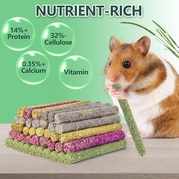 40PCS Rabbit Chew Sticks with Lavender, Timothy Hay, Calendula, Rose,Bunny Chew Toys, Guinea Pig Toys, Chinchilla Toys - Healthy Teeth & Boredom Relief Safe for Small Rodents