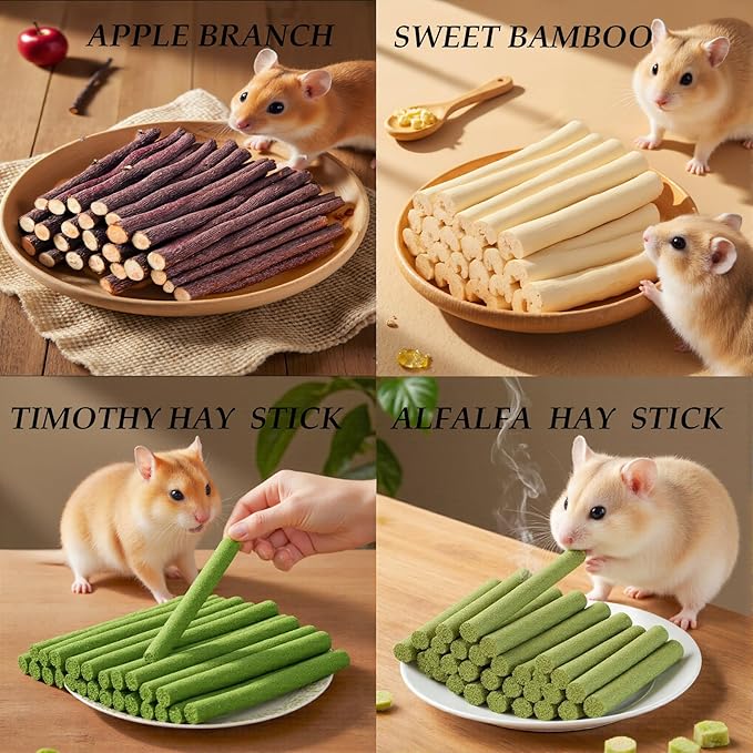 Rabbit Toys 660g/23.3oz Bunny Chew Treats Timothy Hay Sweet Bamboo Snack Guinea Pig Molar Branch Toy Apple Stick Alfalfa Food for Cleaning Teeth Grinding Dental for Hamster Squirrel Chinchilla