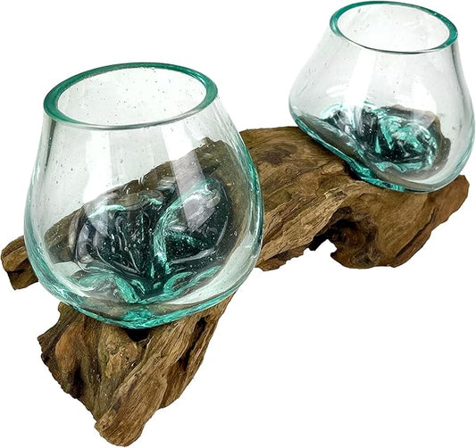 Double Molten Glass Bowl on Driftwood Base, Hand Blown Glass and Wood Centerpiece, Unique Rustic Table Decor, Dual Planter Terrarium, Natural Wood Art Glass Sculpture, 10.5 Inch Artisan Accent
