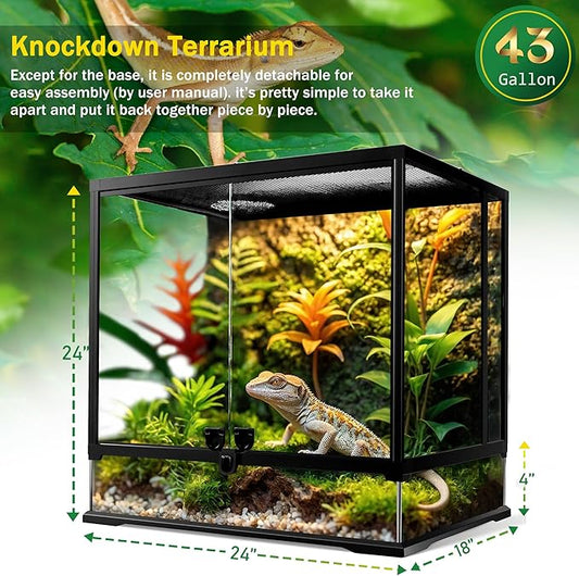 43 Gallon Professional Glass Terrarium 24"x18"x24" Durable Reptile Habitat Tank with Heat Resistant Aluminum Alloy Frame, Dual Front Swinging Doors for no Jam by Sand and Other Debris