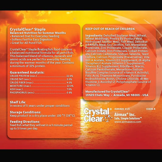 CrystalClear Staple Pond Fish Food for Healthy Koi & Goldfish, Protein Packed Floating Pellets for Summer Nutrition, Easy Digestion, 17.6 Pound Bucket