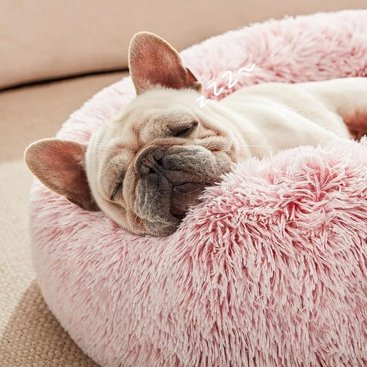 Love's cabin Calming Cat Bed for Indoor Cats, Anti-Anxiety Donut Round Dog Bed, Fluffy Faux Fur Washable Pet Bed for Small Medium Dogs and Cats,Pink,20in
