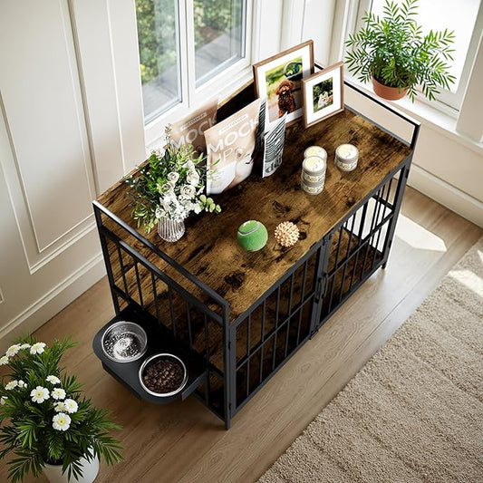 WARCAT Furniture-Style Dog Crate with 360° & Adjustable Raised Feeder for Dogs 2 Stainless Steel Bowls, Indoor Use End Table House, Brown (41" L X 24" W X 36" H)