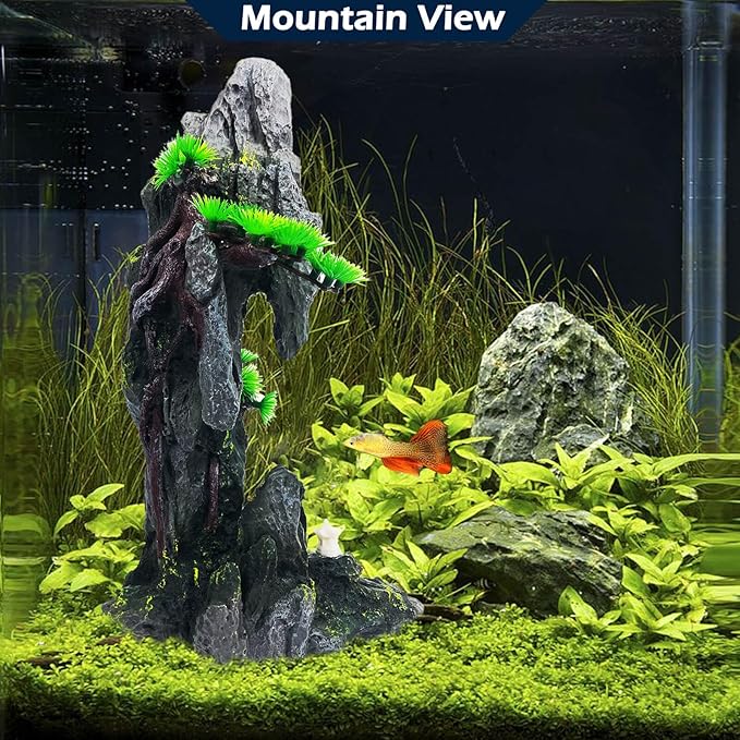 Tall Aquarium Mountain View Stone Decorations Aquarium Ornament Rock Cave Landscape Artificial Mountain Hill View Fish Tank Caves for Betta Hiding Reptile Aquarium Supply