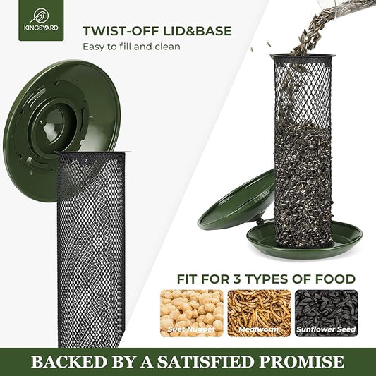 Kingsyard Mesh Tube Bird Feeders for Outdoors Hanging, All Metal, Wild Bird Feeder for Sunflower Seeds or Mealworm, Large Tray & Weatherproof Roof, 2.5 lbs Capacity (Dark Green)