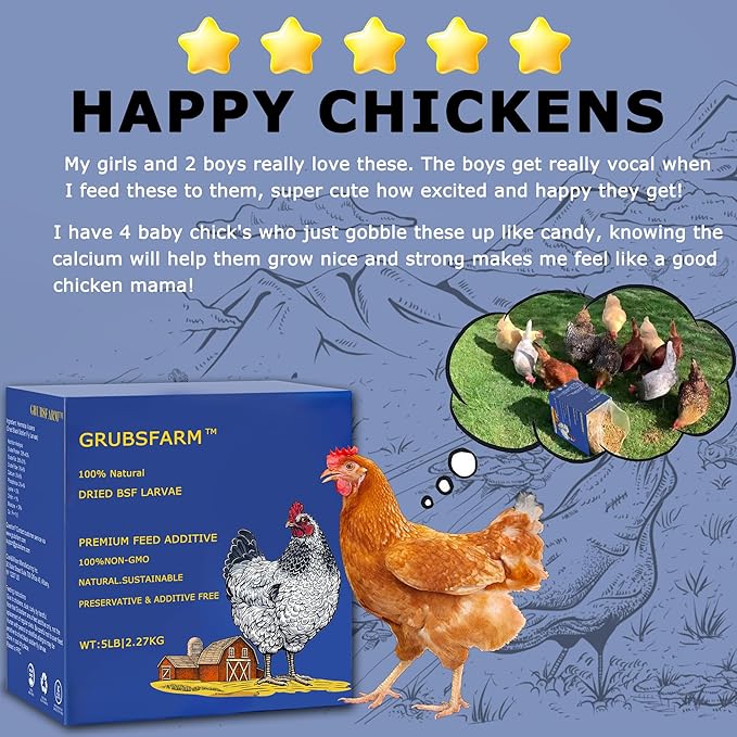 Premium Chicken Treats 5LB - Non-GMO & 85X More Calcium Than Meal Worms - Molting & Laying Supplement - BSF Larvae Treats for Layer Hens, Ducks Wild Birds