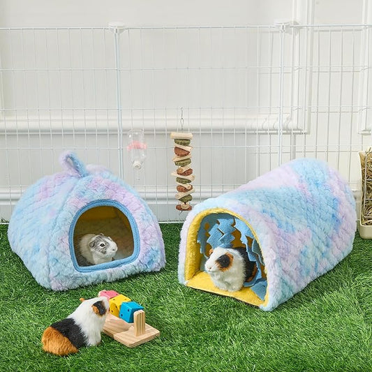 Avont 2 Pack Guinea Pig Hideout Bed and Tunnel Toys Set with Curtain, Washable Soft Plush Bunny Hideaway House Tube Cage Accessories for Small Animal Pet, Rabbits Chinchilla Hamster Ferret Rat -Blue