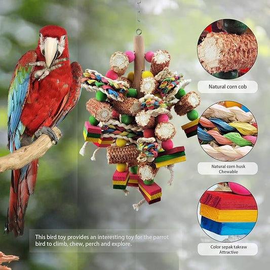 Bird Toys, Parrot Toys, Bird Toys Made of Natural Multi-Colored Wooden Blocks for African Grey Parrots, Amazon Parrots, Small and Medium-Sized Birds to Exercise Beak Strength