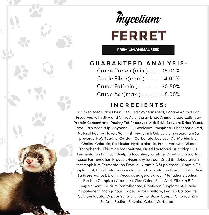 Mycelium Premium Ferret Feed – Organic, Non-GMO, High Nutritional Value Food for Ferrets, Sourced from Local USA Farms, Sustainable Farming, 5 lbs