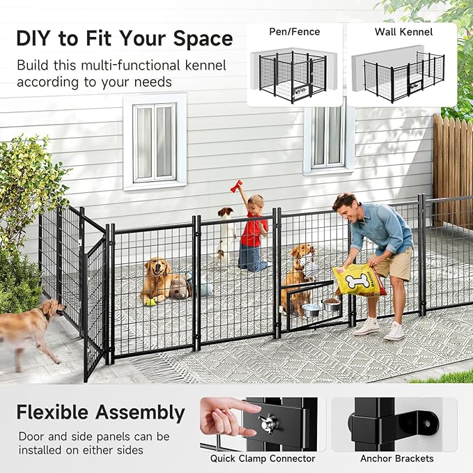 Outdoor Dog Kennel with Roof, Weatherproof Dog Kennel Outside with Swivel Feeders & Removable Doggy Door, Backyard Dog Run Playpen Pet Enclosures for Medium to Large Dogs (5'L x 5'W x 5'H)