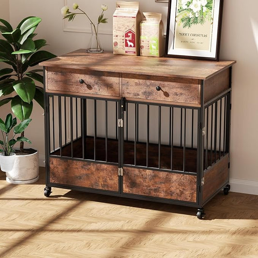 44.5" Dog Crate Furniture for Dogs with Storage Drawers, Indoor Dog Kennel with Wheels, Multi-Door Wooden Crates for Dogs Indoor as End Table with Lockable Casters, Pet Crate with Top Shelf