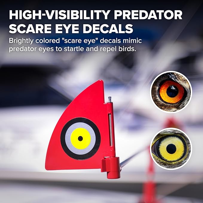 Bird B Gone - Repeller 360 - Spinning Bird Deterrent With Scare Eye Flags - Deters Seagulls and Other Birds From Landing - Durable Windproof Design - For Boats, Docks, Lights - Easy Installation - 6ft
