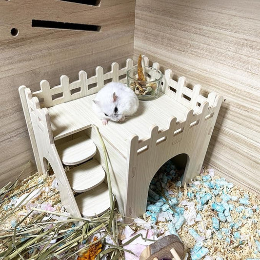 Hamster Wooden House Hamster Hideout Hut Maze Cage Accessories with Ladder and Platform for Syrian Hamsters Dwarf Gerbil Mouse