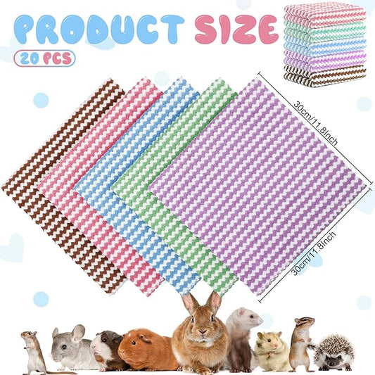 Moukeren 20Pcs Guinea Pig Fleece Bedding Blankets Bulk Washable Small Animal Fleece Cage Liners Pet Wash Cloth Sleeping Mat Cover for Hamster Chinchilla Rabbit Hedgehog(Multicolor, 12 x 12 Inch)