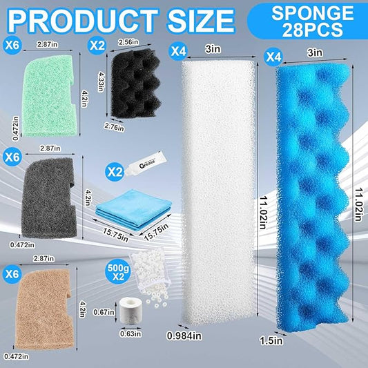 32 Pcs Filter Media Compatible with 406/407 Filters, Aquarium Replacement Maintenance Kit Including Biological Sponge, Ammonia/Phosphate/Nitrite Remover Pad, Aquarium Towel, Grease