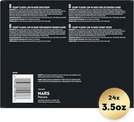 Cesar Wet Dog Food Classic Loaf in Sauce Poultry Variety Pack, 3.5 oz. Easy Peel Trays (24 Count, Pack of 1)