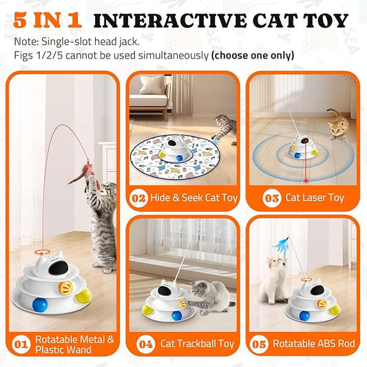 Interactive Cat Toy: 5 in 1 Automatic Cat Toy for Indoor Cats, Rechargeable Hide and Seek Toy with PVC Cover, Battery Operated Kitten Laser Toy, Self Play Fluttering Feather Wand with Track Ball