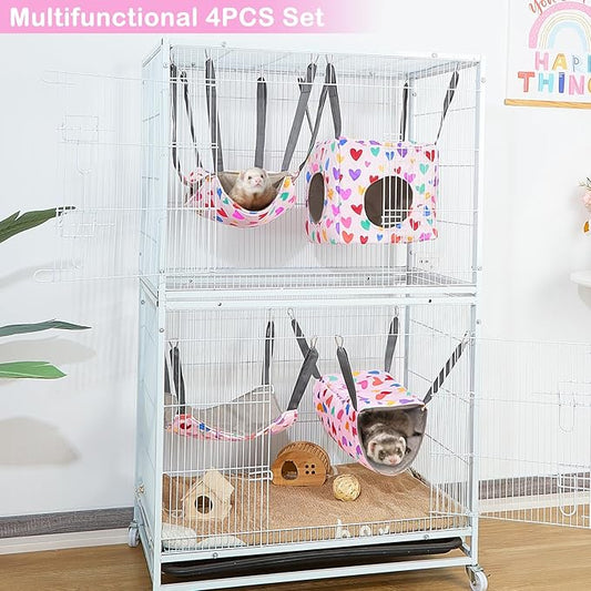 Glittme Ferret Hammock 4 Pack Ferret Cage Accessories Washable Rat Hammock Soft Guinea Pig Hammock for Ferrets, Rat, Sugar Glider, Squirrel