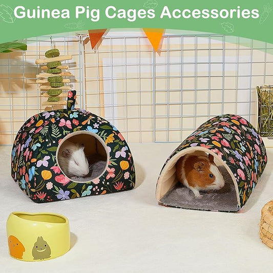 Bienbee Guinea Pig Hideout, Washable Rabbit Bed with Guinea Pig Tunnel, 2 Pack Guinea Pigs Toys Set Bunny Hideout Cage Accessories for Hamster Ferret Rabbits Bunny, Green Flowers