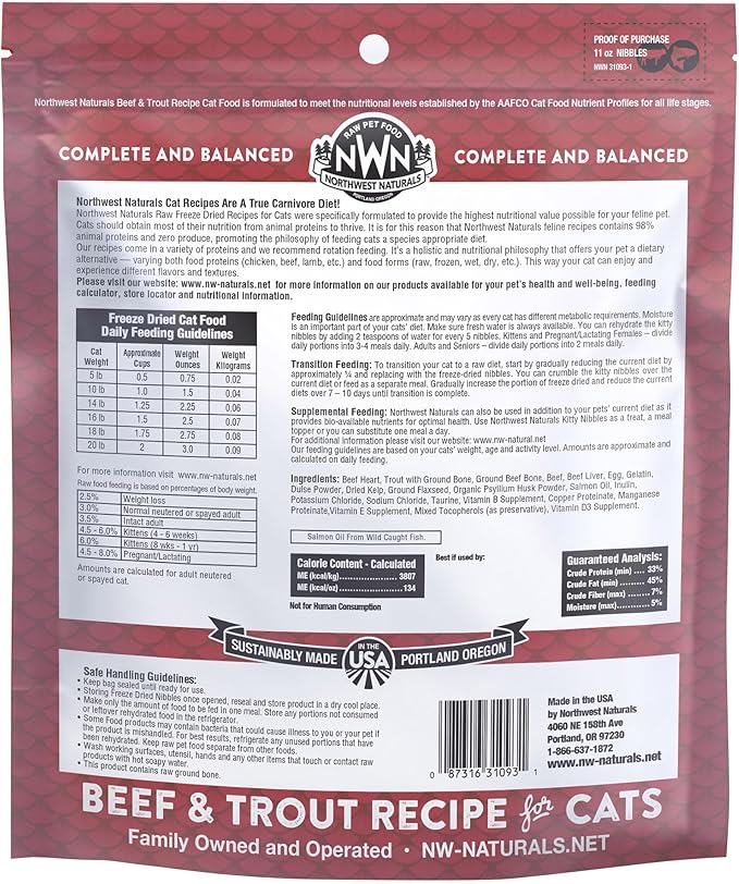 Northwest Naturals Freeze-Dried Beef & Trout Cat & Kitten Food – Bite-Sized Nibbles – Healthy, Limited, Human-Grade Ingredients, All-Natural, High-Protein Diet – Complete & Balanced, 11 oz (Pack of 3)