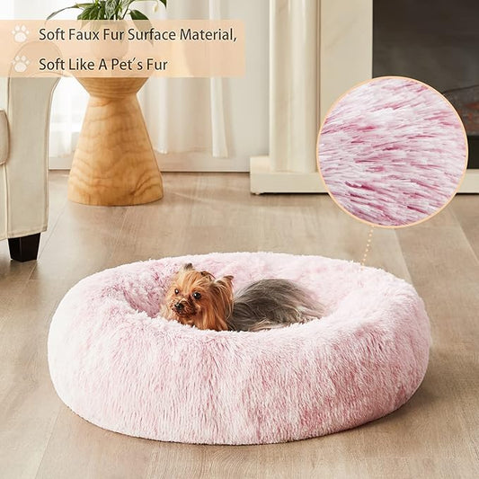 WNPETHOME Calming Dog Bed Cat Bed Donut, Faux Fur Pet Bed Self-Warming Donut Cuddler, Comfortable Round Plush Dog Beds (30 x 30 x 10 Inch, Light Pink)