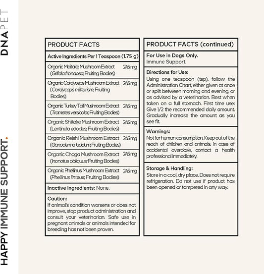 Happy Immunity USDA Certified Organic Mushroom Complex for Dogs, Organic Cordyceps Shiitake Reishi, Vegan Mushroom Blend Powder Canine Supplement, Advanced Mushroom Mix, Non-GMO, 3.5 oz