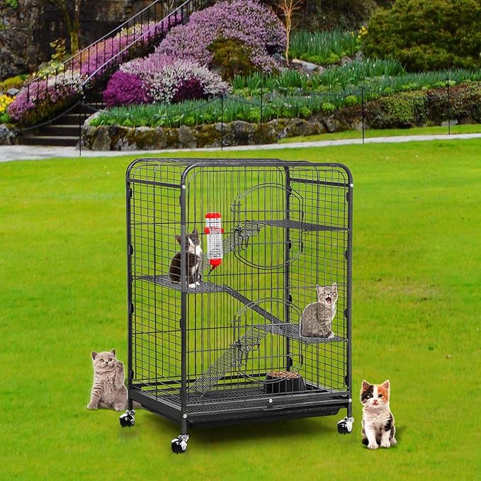 Yaheetech 37-inch Metal Ferret Chinchilla Cage Indoor Outdoor Small Animals Hutch w/ 2 Front Doors/Feeder/Wheels for Squirrel,Black