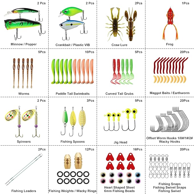 TRUSCEND Widely Used Fishing Tackle & Accessories Kit, Fishing Tackle Box with Tackle Included, Fishing Sinker Weight Hook Swivels Snap Leader Lures, Giftable Beginner Fishing Lures/Gear Set