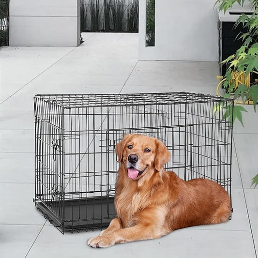 FDW Dog Crate for Large Dogs 48 Inch Folding Metal WirePet Cage Double Door W/Divider Panel Indoor Outdoor Kennel Leak-Proof Plastic Tray,Black