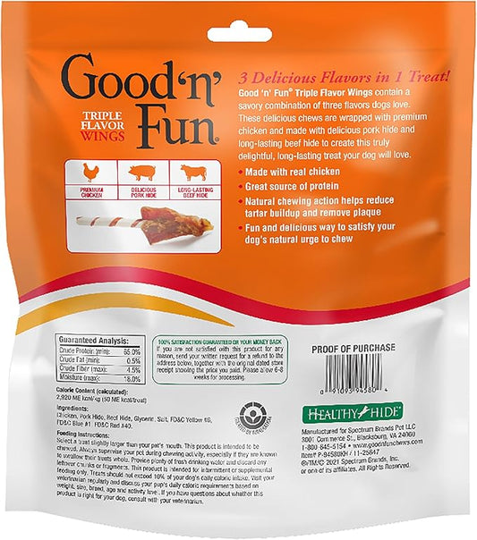 Good 'n' Fun Triple Flavor Wings, 24 Ounces, Rawhide Snack for All Dogs Made with Real Chicken, Pork Hide and Beef Hide