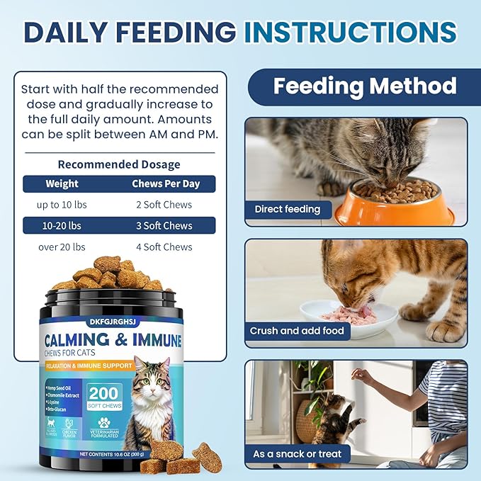 Cat Calming Treats, 200 Hemp Calm Soft Chews to Soothe Stressed Cats Anxiety Relief Reduce Stress & Promote Relaxation Immune Support Chicken Flavored