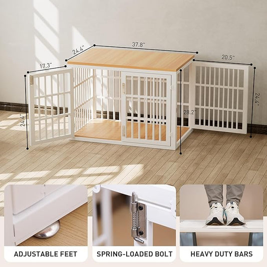 Heavy Duty Dog Crate Furniture for Large and Medium Dogs, Dog Kennel Indoor Furniture, Indestructible Metal Crate with Double-Doors, Dog Crate End Table, Chew-Resistant, 38 Inch White