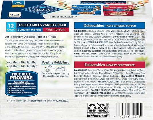 Blue Buffalo Delectables Natural Wet Dog Food Toppers Variety Pack, Tasty Chicken & Hearty Beef, Cuts in Gravy, 3-oz. (12 Pouches, 6 of Each Flavor)