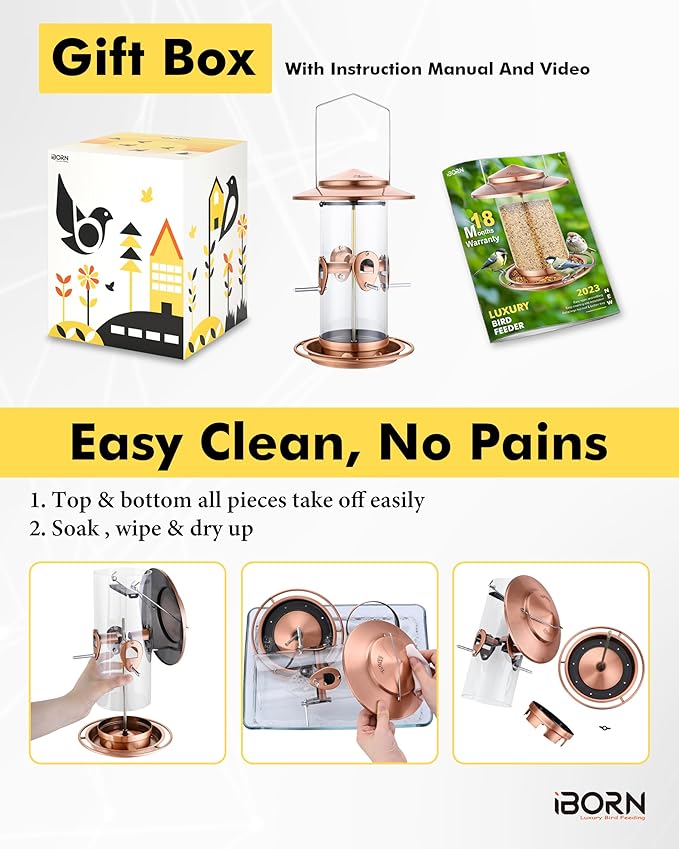 iBorn Metal Bird Feeder for Outside Hanging,Wild Bird Feeders for Cardinal,18cm Large Roof&Tray Brushed Copper 10 Port(Seed is not Included)