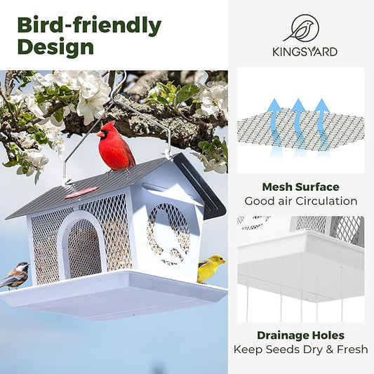 Kingsyard Metal Bird Feeders for Outdoors Hanging, Wild Bird Feeder with Seed Tray and Weatherproof Roof, 3 lbs Seed Capacity, White