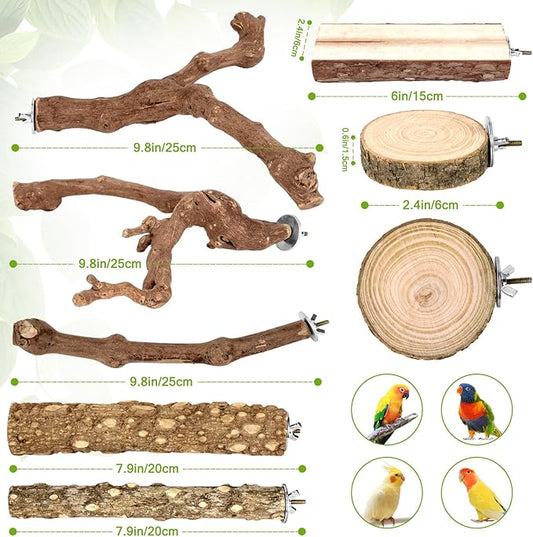 Natural Wood Bird Perches for Cage, Parrot Perch Stand & Platform, Bird Cage Accessories for Parakeets, Cockatiels, Conures, Lovebirds (Brown, Natural Grapewood Variety Set - 8PCS)
