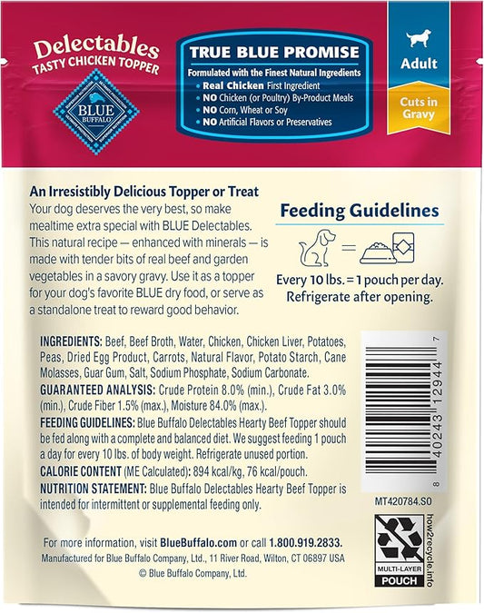 Blue Buffalo Delectables Natural Wet Dog Food Toppers, Hearty Beef Cuts in Gravy, 3-oz (24 Pouches)