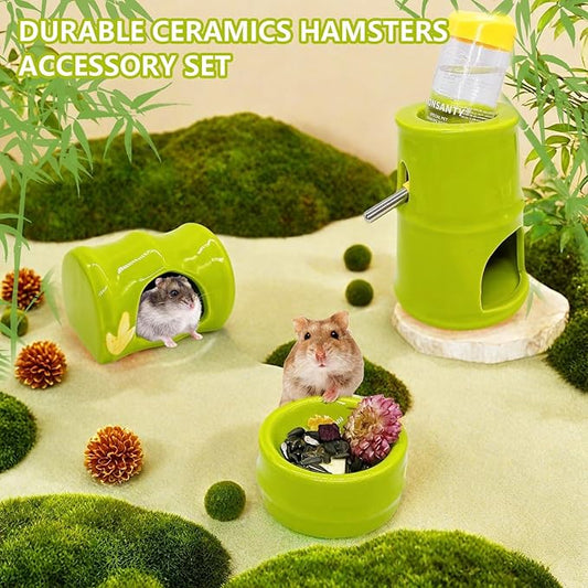 Ceramic Hamster Hideout Food Bowl Water Bottle Stand Holder Dispenser Syrian House and Habitats Hide Hut Bed Cage Accessories Decor for Mice Dwarf Hamster Gerbil Rat
